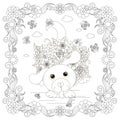 Dog in flowers frame, plant, butterfly. Cartoons animal monochrome art design element for coloring Royalty Free Stock Photo